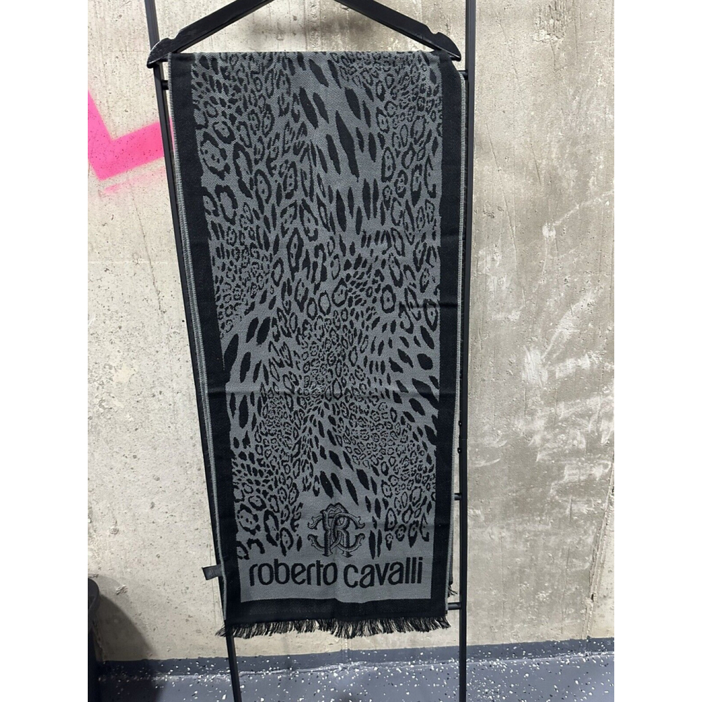 Roberto Cavalli Logo Animal Print Wool Blend Knit Scarf Grey / Black - $225
